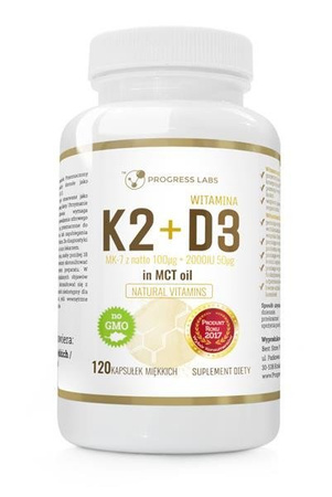 Progress Labs Witamina K2 MK-7 z Natto 100µg + D3 2000IU 50µg w oleju MCT suplement diety 120 kapsułek miękkich