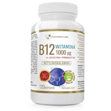 Progress Labs Witamina B12 1000µg + L-Leucyna + Prebiotyk No GMO suplement diety 120 kapsułek