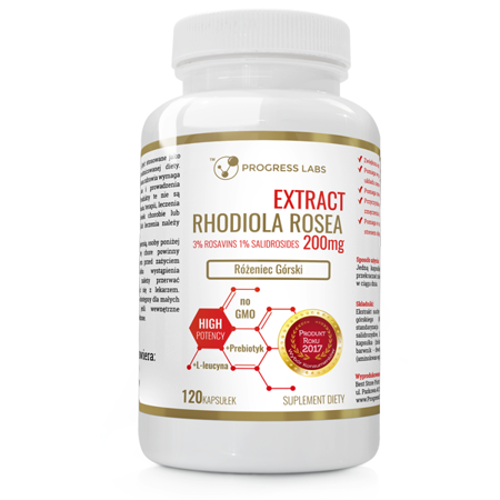 Progress Labs Extract Rhodiola Rosea 200mg Różeniec Górski standaryzacja 3% + Prebiotyk + L-leucyna No GMO suplement diety 120 kapsułek